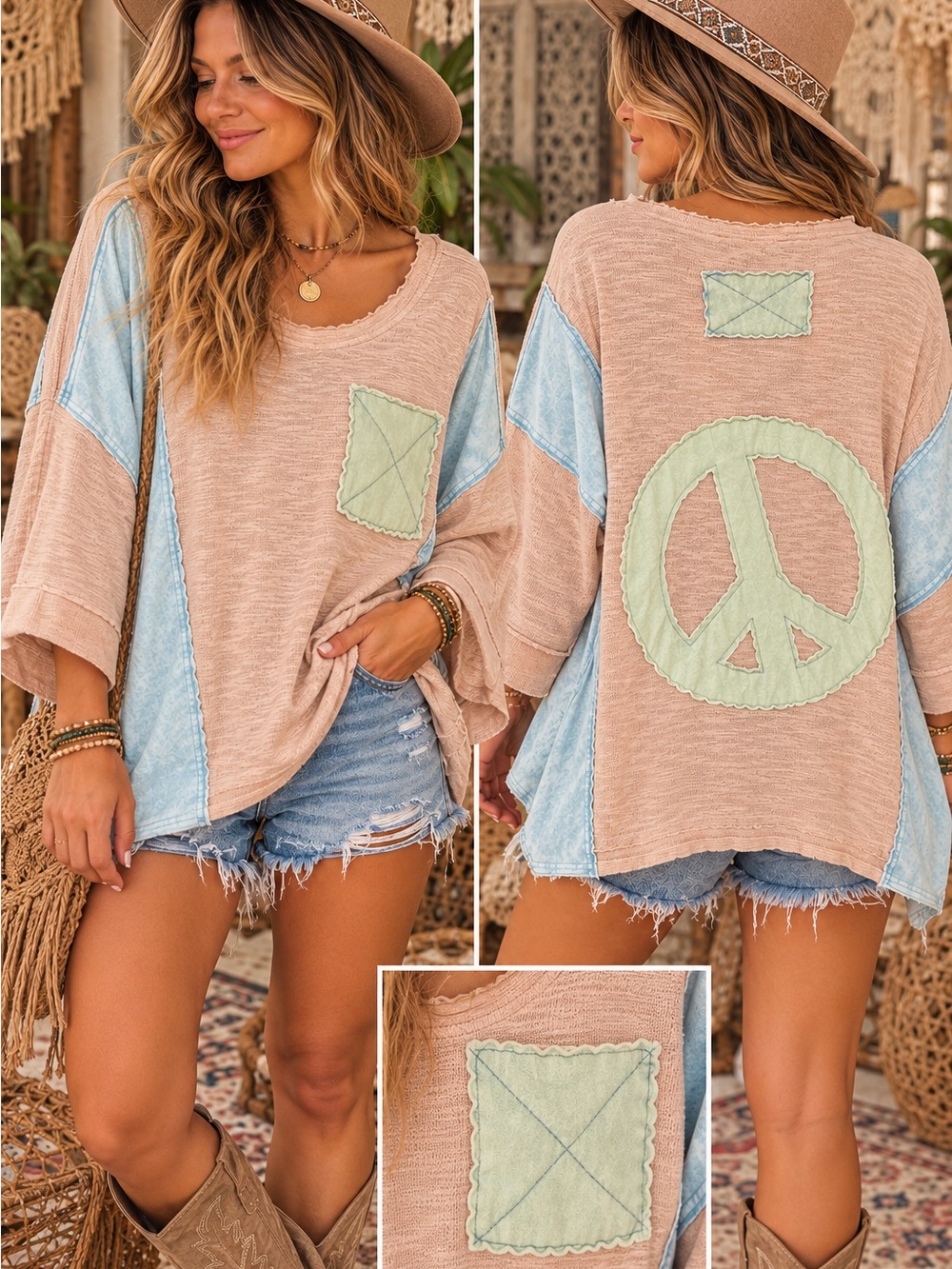 Boho Patchwork Peace Sign Blouse - Beige & Light Blue